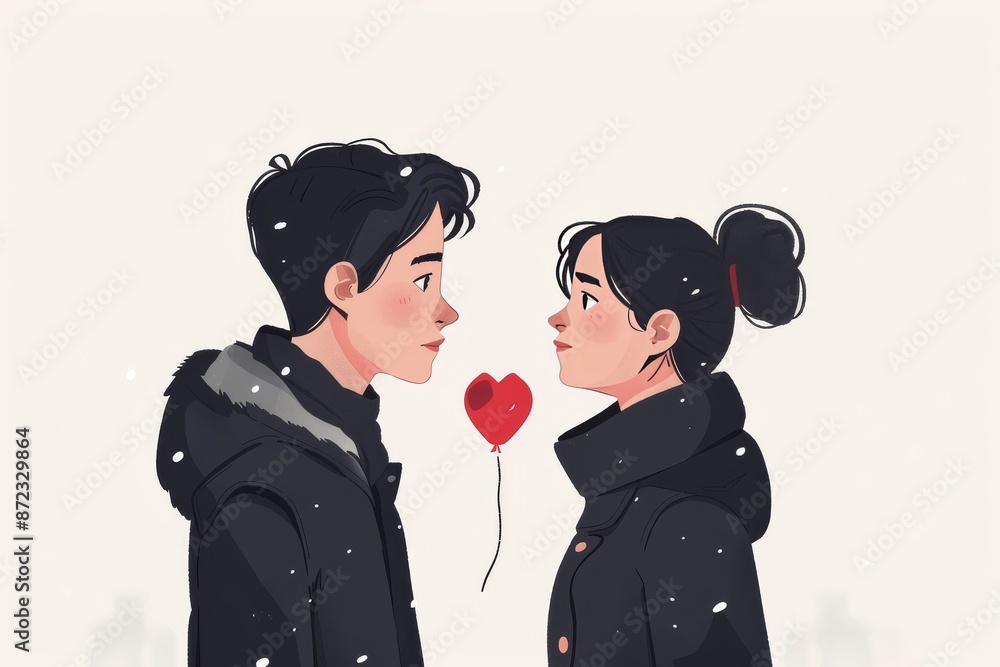 Poster romantic couple facing each other with a small heart between them digital illustration capturing lov