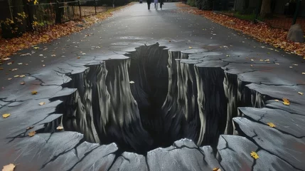 3D street art mural on a pavement, creating a realistic illusion of a deep, dark hole in the ground, surrounded by autumn leaves, with people walking in the background. © BigHeartHouston