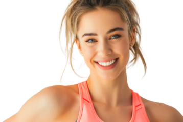 Portrait of beautiful young happy smiling fit woman with blonde hair isolated on transparent background. Adult girl fitness model wearing pink sportswear t shirt, attractive positive,healthy lifestyle