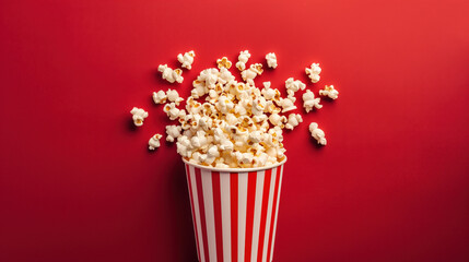 bucket of popcorn on red background