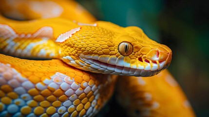 Fototapeta premium Closeup of yellow and white python snake. Exotic reptile animal in wildlife nature macro photography, serpent eye and face, dangerous tropical species, forest, skin texture, crawling