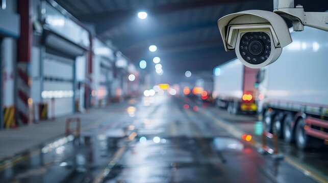 A security camera overlooking a loading dock in a logistics center