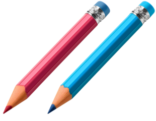 Two wooden colored pencils or crayon, blue and pink, isolated on a transparent background. Sharp and stationery draw or write school tool equipment object, student instrument