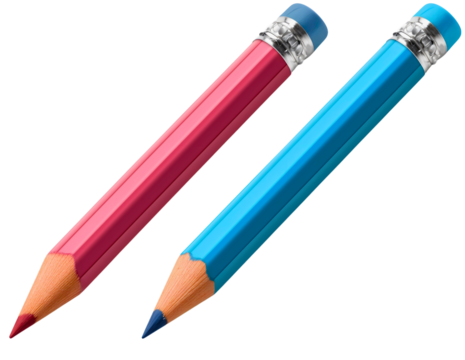 Two wooden colored pencils or crayon, blue and pink, isolated on a transparent background. Sharp and stationery draw or write school tool equipment object, student instrument