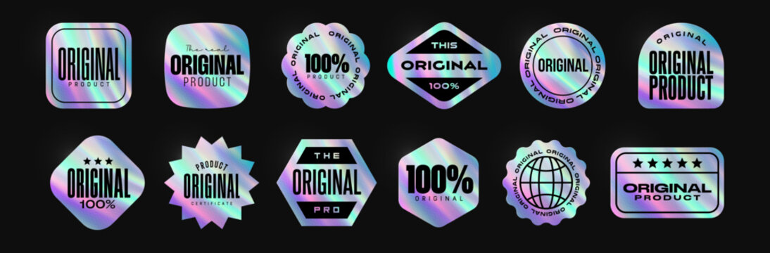 Set of holographic stickers for original products. Product quality guarantee hologram diferent shape sticker. Certified product iridescent tag, authenticity guarantee shiny vector seal