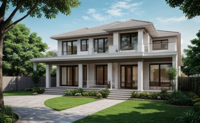 A Contemporary Dwelling with Stylish Architecture, Beautiful Exterior Design, and a Serene Garden Setting. Perfect Family Home in a Residential Neighborhood, Featuring Thoughtful Construction
