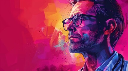 A Man With a Stethoscope and Glasses Looking Up in Thoughtful Contemplation Against a Bright Pink and Purple Background