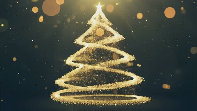 A golden Christmas tree is being drawn. Gold dust. Screensaver. Footage. Generated AI.