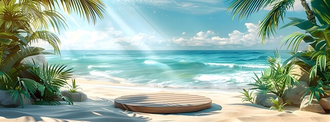 Beach with palm leaves and a sand podium background for product presentation. Beach podium summer background sand product 3D sea display platform. 
