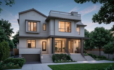 Fototapeta premium A Contemporary Dwelling with Stylish Architecture, Beautiful Exterior Design, and a Serene Garden Setting. Perfect Family Home in a Residential Neighborhood, Featuring Thoughtful Construction