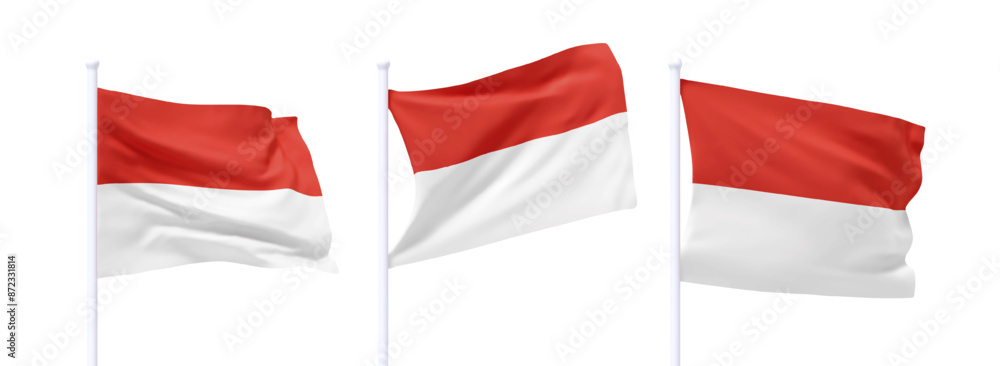 Poster set of monaco waving flag on flagpole. realistic 3d design flag flies on the wind on isolated white 