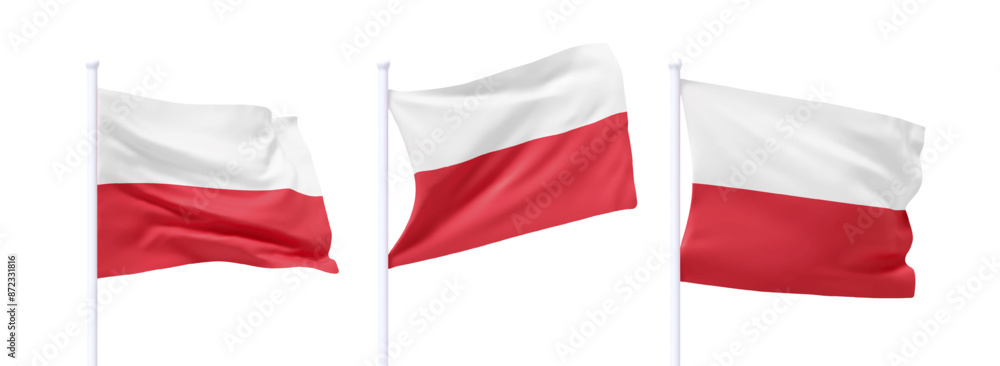 Poster set of polish waving flag on flagpole. realistic 3d design flag flies on the wind on isolated white 