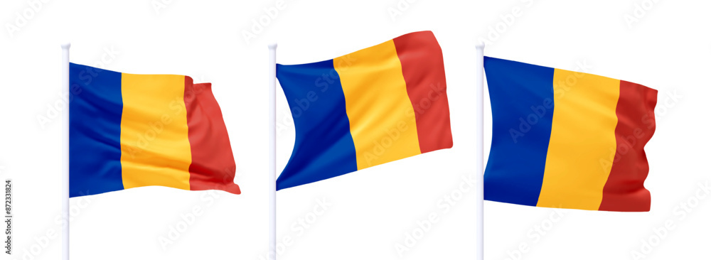 Poster set of romanian waving flag on flagpole. realistic 3d design flag flies on the wind on isolated whit