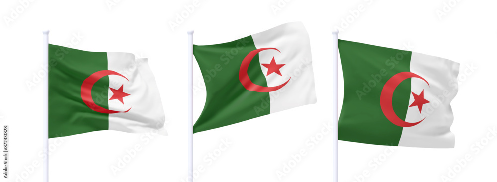 Poster set of algerian waving flag on flagpole. realistic 3d design flag flies on the wind on isolated whit