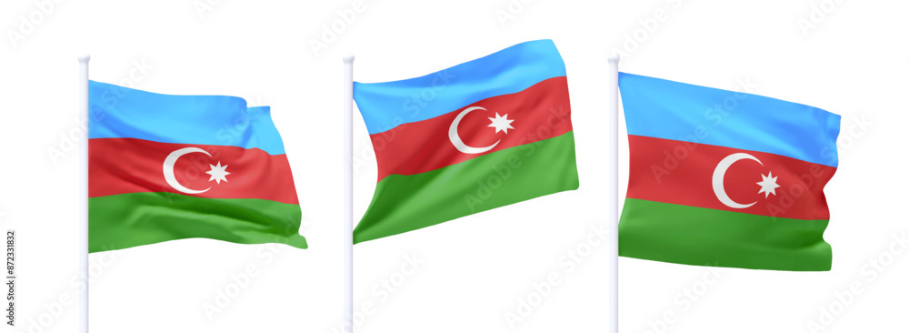 Poster set of azerbaijan waving flag on flagpole. realistic 3d design flag flies on the wind on isolated wh