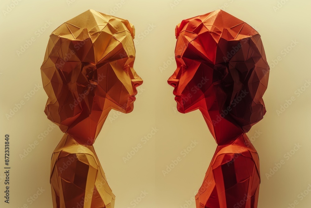 Poster Geometric profiles of a couple facing each other digital illustration representing love unity and connection with a modern and abstract style