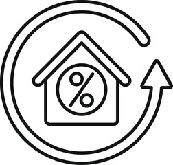 Line art icon of a house with a percent symbol inside and a rising arrow, representing increasing property value