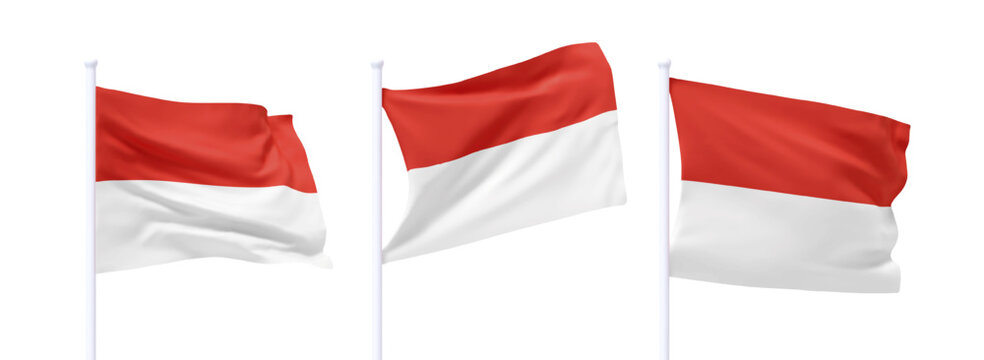 Set of Monaco waving flag on flagpole. Realistic 3d design flag flies on the wind on isolated white background. vector illustration