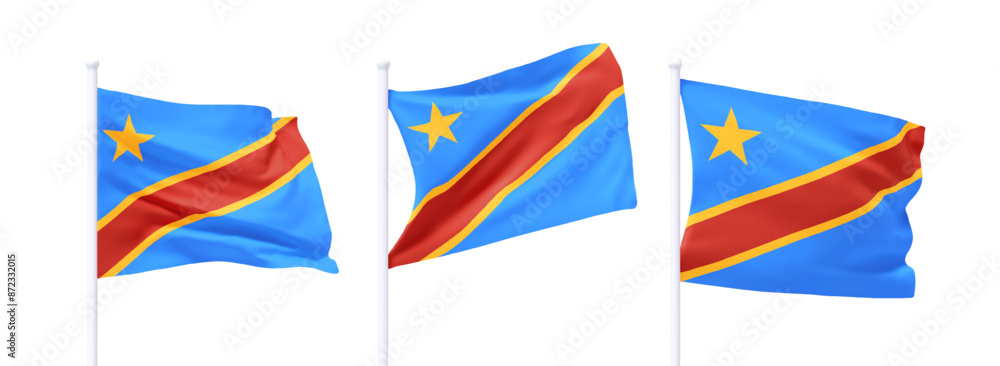 Poster set of dr congo waving flag on flagpole. realistic 3d design flag flies on the wind on isolated whit