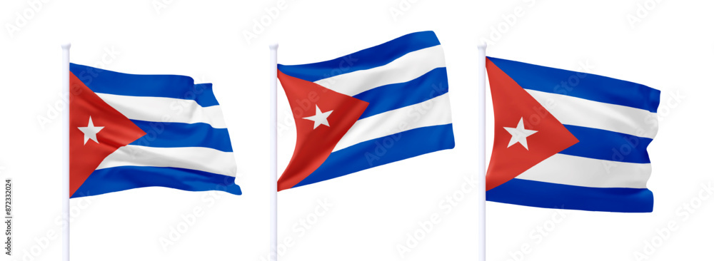Poster set of cuban waving flag on flagpole. realistic 3d design flag flies on the wind on isolated white b