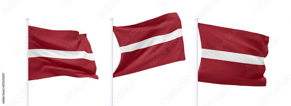 Poster set of latvian waving flag on flagpole. realistic 3d design flag flies on the wind on isolated white