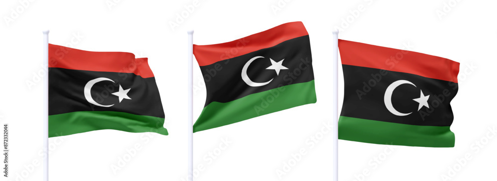 Poster set of libya waving flag on flagpole. realistic 3d design flag flies on the wind on isolated white b