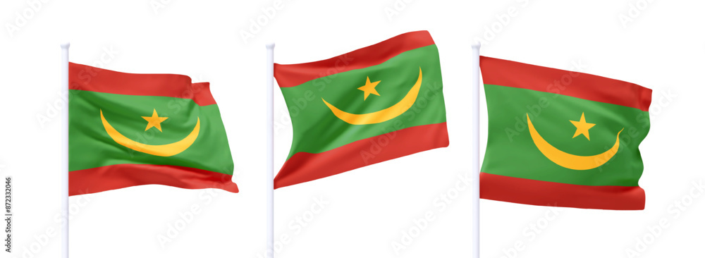 Poster set of mauritania waving flag on flagpole. realistic 3d design flag flies on the wind on isolated wh