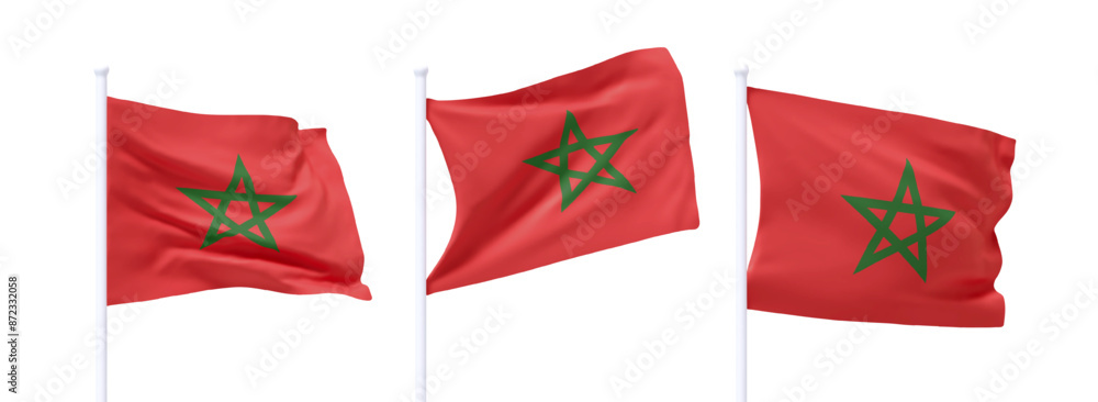 Poster set of moroccan waving flag on flagpole. realistic 3d design flag flies on the wind on isolated whit