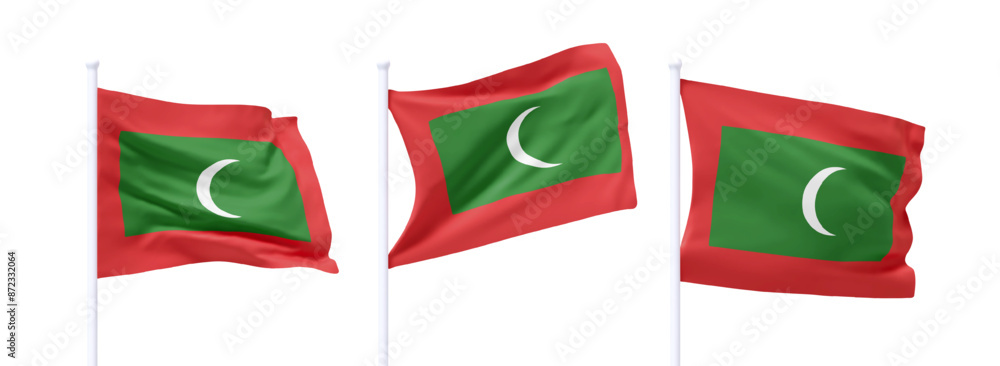 Poster set of maldives waving flag on flagpole. realistic 3d design flag flies on the wind on isolated whit