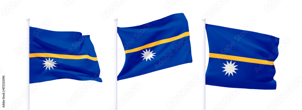 Poster set of nauru waving flag on flagpole. realistic 3d design flag flies on the wind on isolated white b