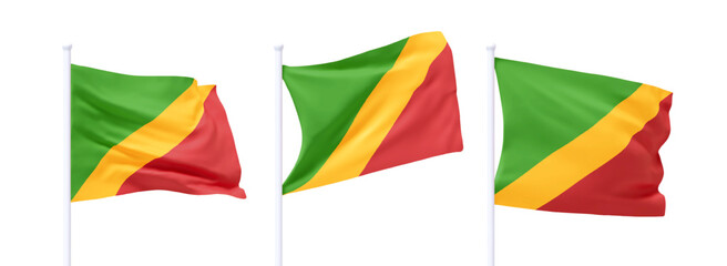 Set of Congo waving flag on flagpole. Realistic 3d design flag flies on the wind on isolated white background. vector illustration