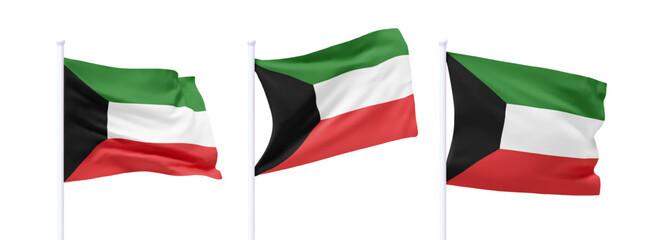Set of Kuwait waving flag on flagpole. Realistic 3d design flag flies on the wind on isolated white background. vector illustration