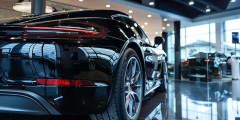 Close-up from the back of a black luxury car standing at a luxury car showroom. Auto show.