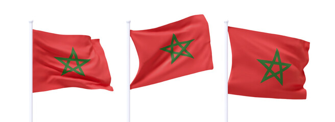 Set of Moroccan waving flag on flagpole. Realistic 3d design flag flies on the wind on isolated white background. vector illustration
