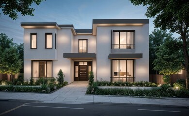 Fototapeta premium A Contemporary Dwelling with Stylish Architecture, Beautiful Exterior Design, and a Serene Garden Setting. Perfect Family Home in a Residential Neighborhood, Featuring Thoughtful Construction