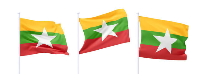 Set of Myanmar waving flag on flagpole. Realistic 3d design flag flies on the wind on isolated white background. vector illustration