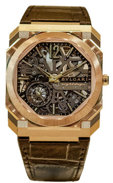Bulgari Octo Finissimo Skeleton 8 Days in rose gold with transparent case and alligator strap.Milan - Italy,03 July 2024