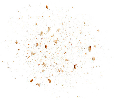 Scattered bread crumbs and food particles top view isolated on transparent background