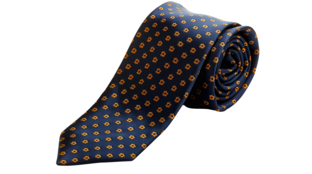 Folded blue neck tie with pattern isolated on transparent background. Formal business fashion style clothing accessory, suit wear silk textile garment, trendy gentleman elegance, cravat