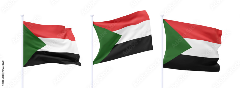 Poster set of sudan waving flag on flagpole. realistic 3d design flag flies on the wind on isolated white b