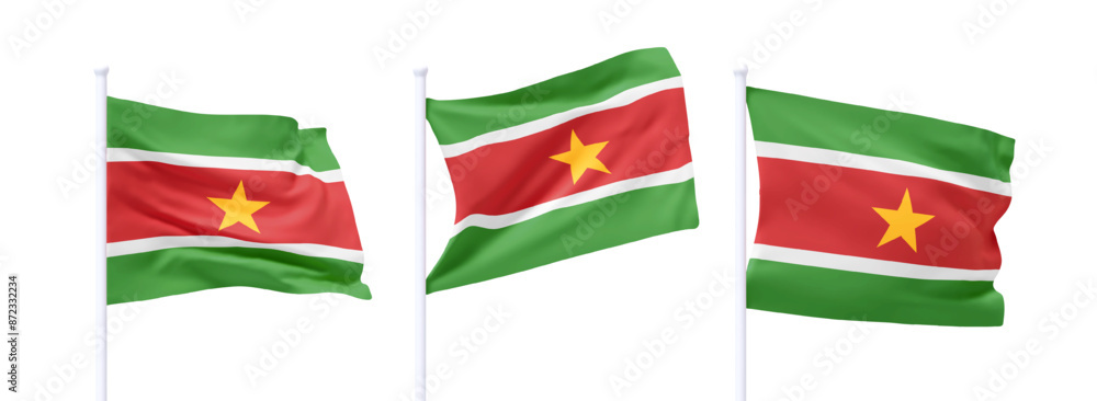 Poster set of suriname waving flag on flagpole. realistic 3d design flag flies on the wind on isolated whit