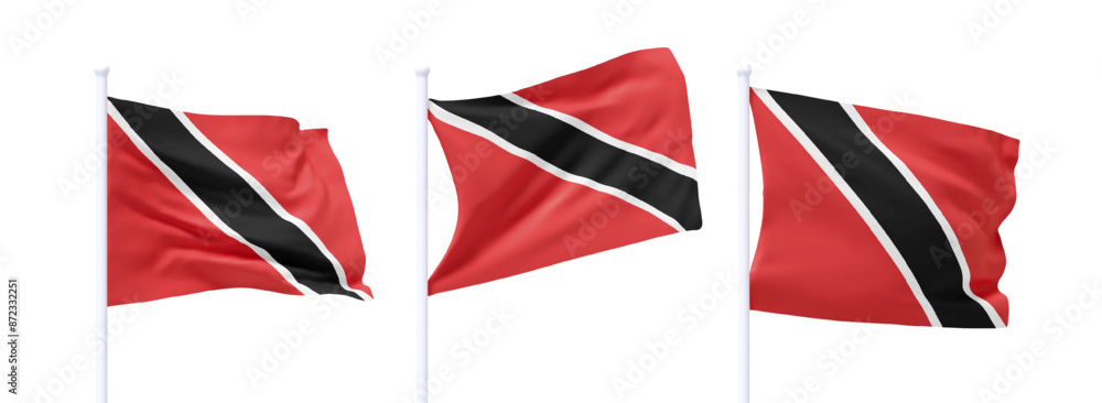 Poster set of trinidad and tobago waving flag on flagpole. realistic 3d design flag flies on the wind on is