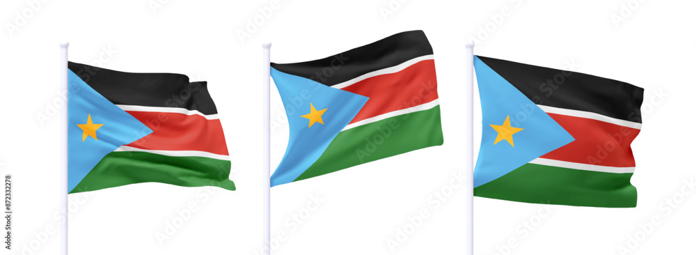 Poster set of south sudan waving flag on flagpole. realistic 3d design flag flies on the wind on isolated w