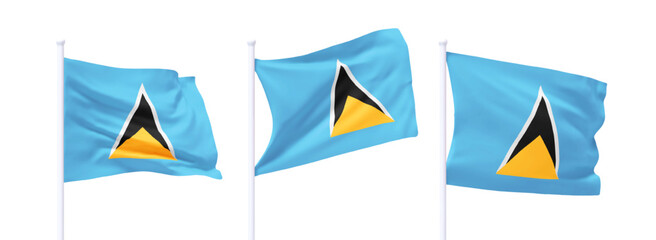 Set of Saint Lucia waving flag on flagpole. Realistic 3d design flag flies on the wind on isolated white background. vector illustration