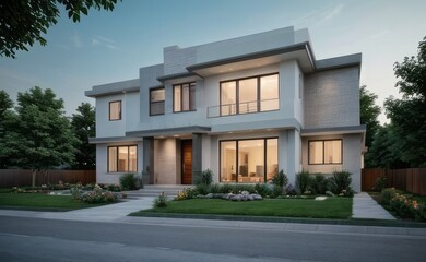 Obraz premium A Contemporary Dwelling with Stylish Architecture, Beautiful Exterior Design, and a Serene Garden Setting. Perfect Family Home in a Residential Neighborhood, Featuring Thoughtful Construction