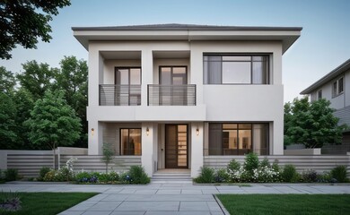 Fototapeta premium A Contemporary Dwelling with Stylish Architecture, Beautiful Exterior Design, and a Serene Garden Setting. Perfect Family Home in a Residential Neighborhood, Featuring Thoughtful Construction