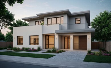 Fototapeta premium A Contemporary Dwelling with Stylish Architecture, Beautiful Exterior Design, and a Serene Garden Setting. Perfect Family Home in a Residential Neighborhood, Featuring Thoughtful Construction