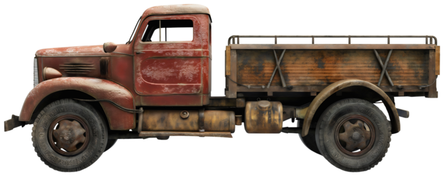 Vintage old brown and red rustic retro pickup truck isolated on transparent background. Classic farm automobile vehicle for transportation, antique nostalgia drive machine from sixties