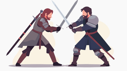 Fototapeta premium Two medieval knights clashing swords in a dynamic duel scene illustration. Fantasy character vector art isolated on a white background.