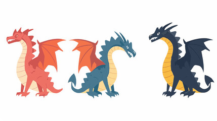 Cute red and blue dragons in modern flat design. Fantasy dragon character vector set isolated on a white background.